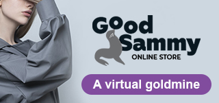 Online store logo with "a virtual goldmine" tagline. Editorial fashion model wearing grey coat.