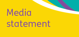 Yellow background with teal and purple graphic. Text "media statement"