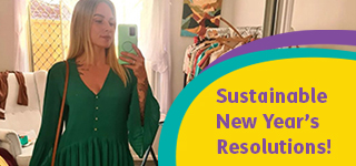 Girl taking selfie in mirror wearing thrifted clothing. Text: Sustainable New Year's Resolutions