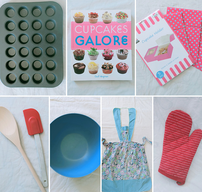 Collage of diiferent baking items including cup cake tray and recipe book