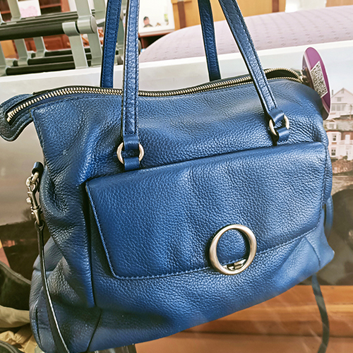 Oroton Bag, rich blue with circular gold buckles