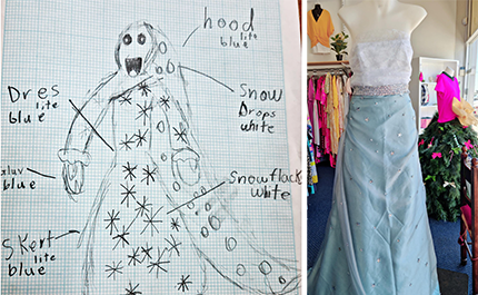 9-year-old Christopher's dress concept coming to life through the snow queen mannequin