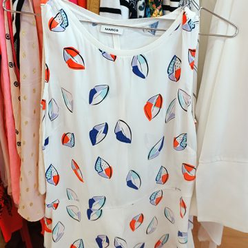 White Mimco singlet with blue and orange pattern