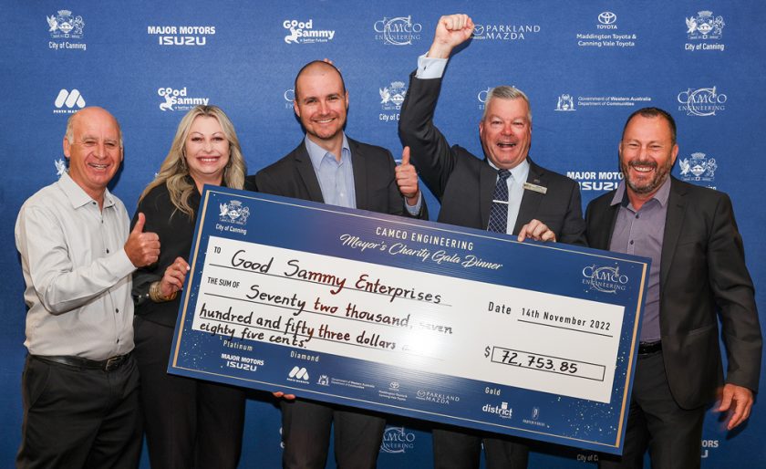 Good Sammy CEO Kane Blackman with City of Canning Mayor, Patrick Hall, holding giant cheque.