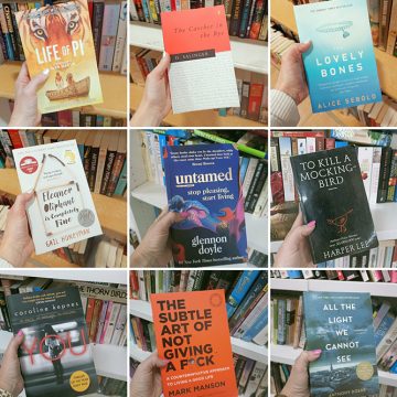 Collage of hands holding different books