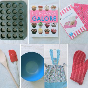 Collage of diiferent baking items including cup cake tray and recipe book