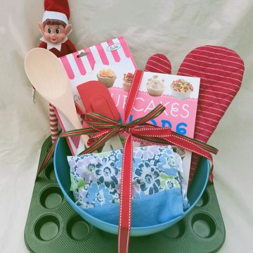 Thrifted bakers items all wrapped up with a bow.