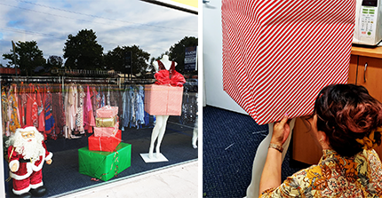 Good Sammy Willetton window display for Christmas featuring a mannequin dressed in a Christmas outfit. The skirt is made to look like a Christmas present with red and white striped wrapping paper! 