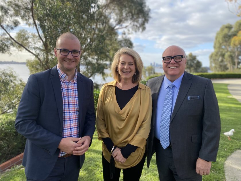Good Sammy Enterprises CEO Kane Blackman, smiling with incoming Board Chair Fiona Payne and outgoing Board Chair Trent Bartlett.
