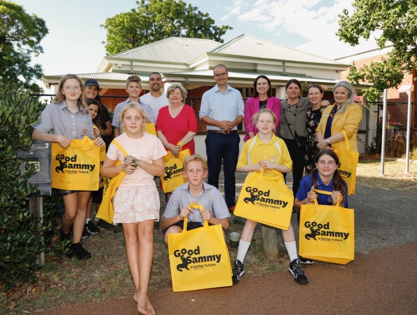 Cambridge Mayor Keri Shannon and Good Sammy CEO Kane Blackman joined by West Leederville locals to celebrate the new cafe. Photo: Paul McGovern