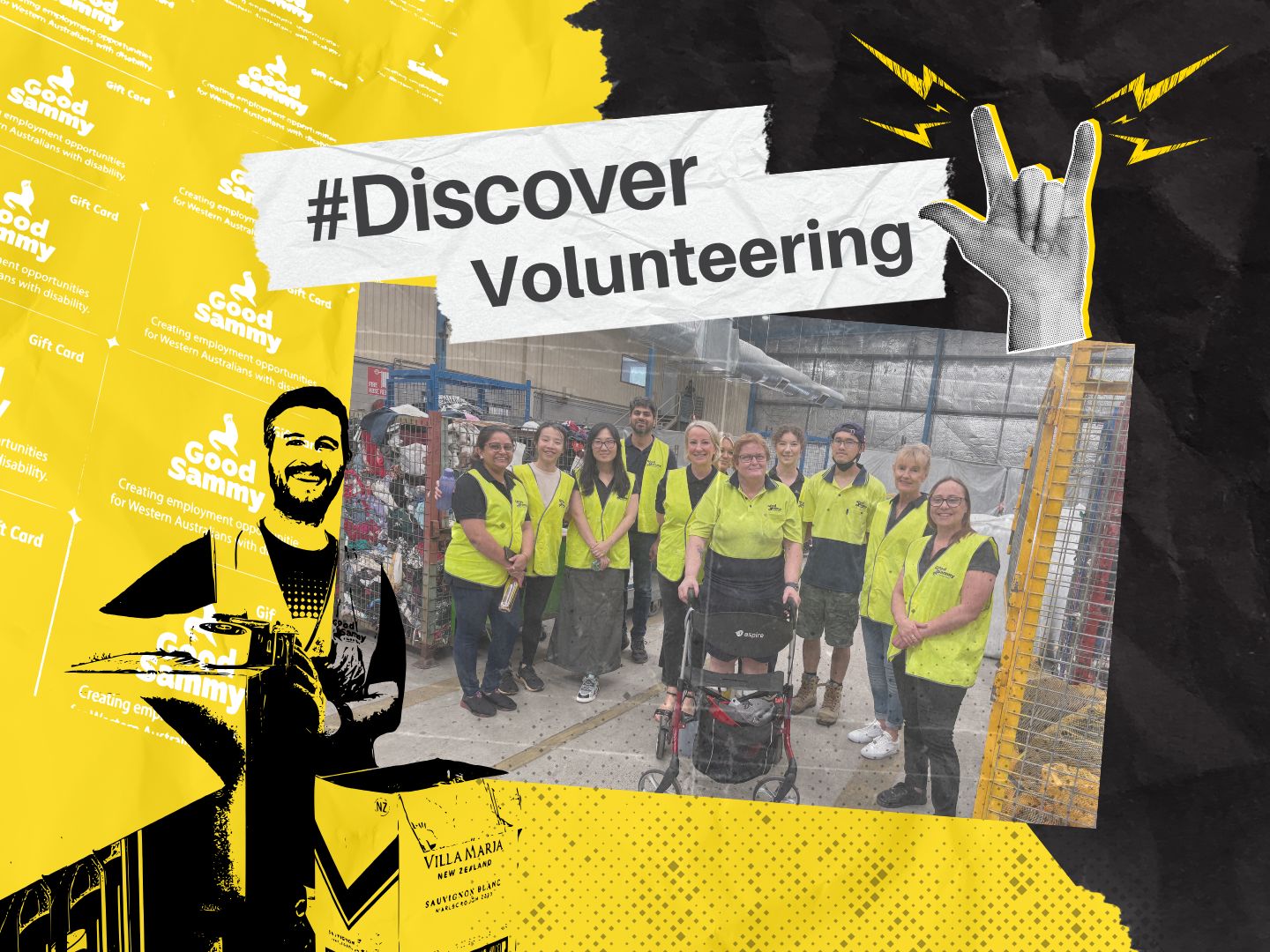 Image of Good Sammy employees with the words "Discover Volunteering".