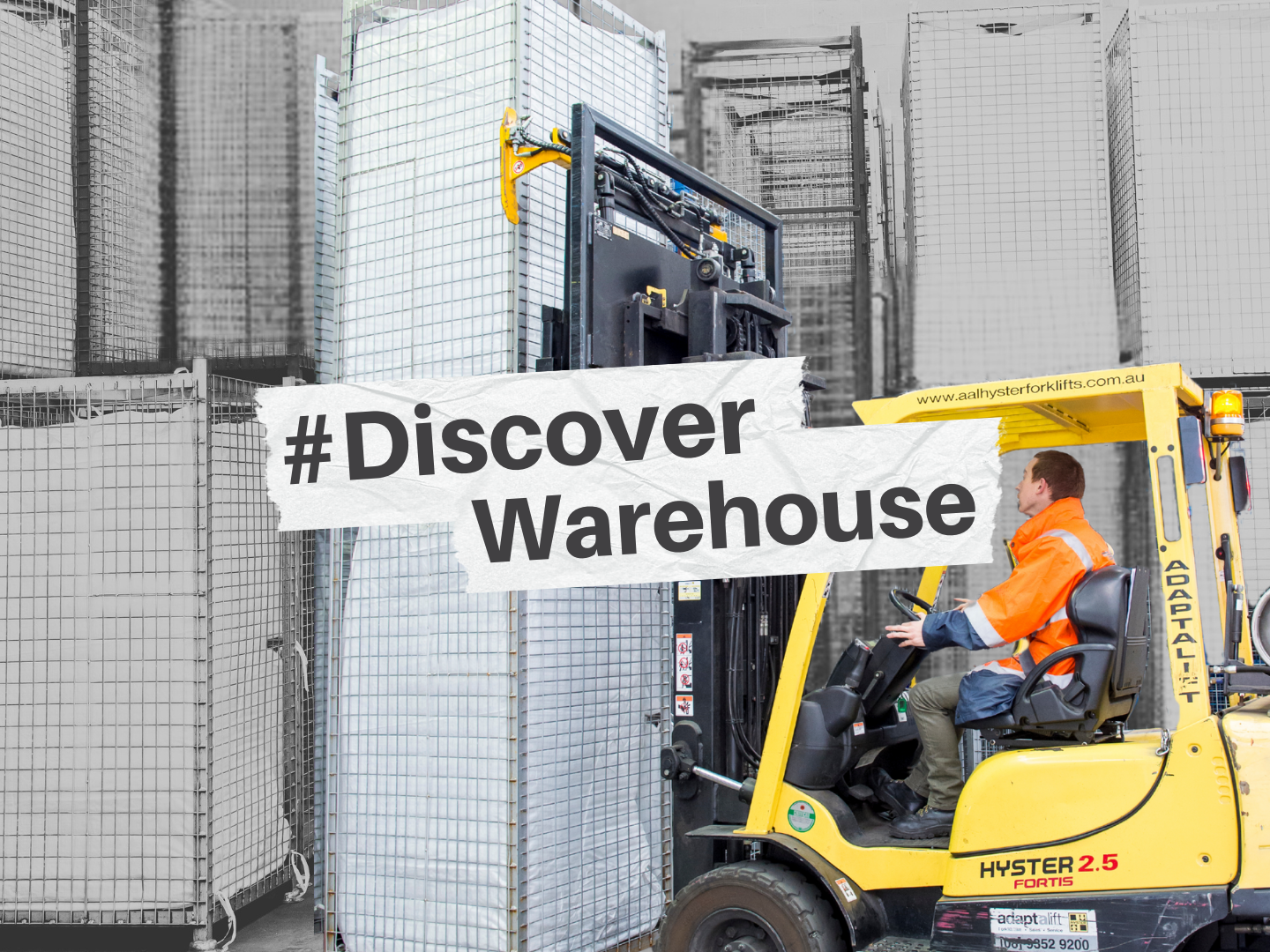 Forklift operator moving a bale of sorted donations, with the word "Discover Warehouse" overlaid.